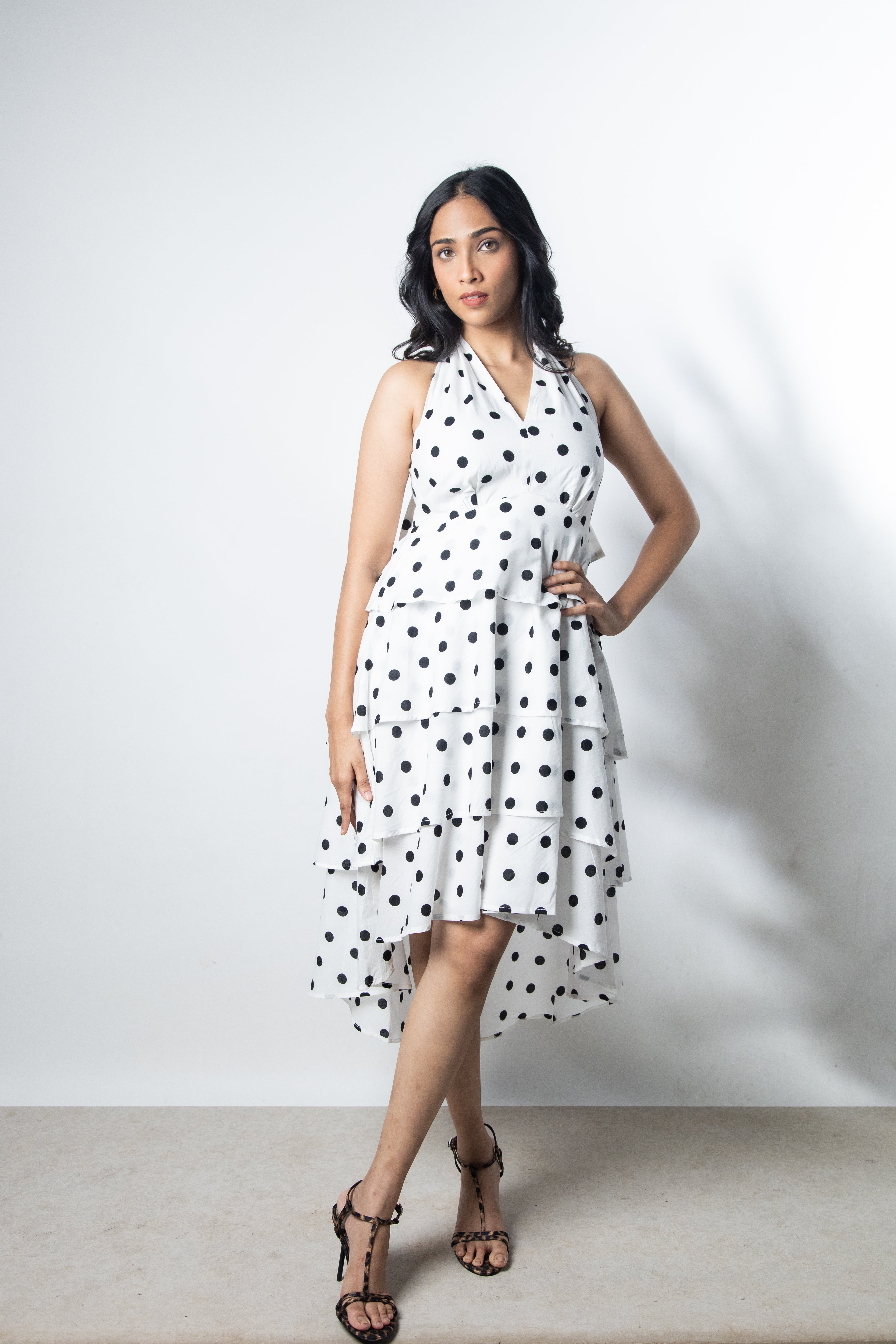 IndeRooh White Polka Tiered Halter Dress
