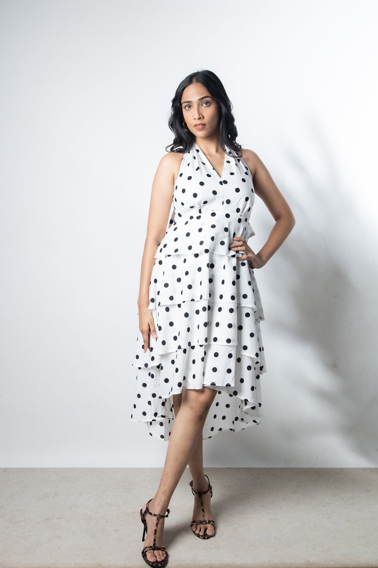 IndeRooh White Polka Tiered Halter Dress